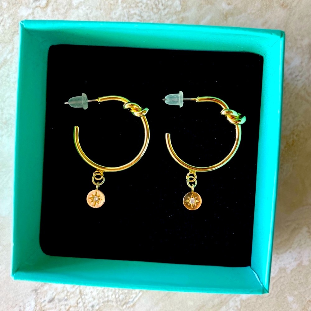 Gold Knot Hoop Earrings with Round Cz Charm